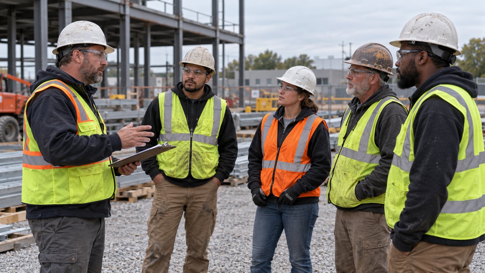 A foreperson with a clipboard briefs four workers wearing hardhats, safety glasses and high visibility vests.