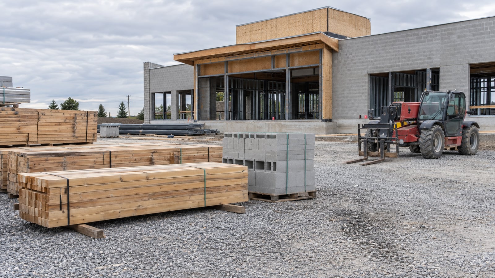 Strapped lumber, concrete blocks and a parked telehandler in a commercial construction staging area.