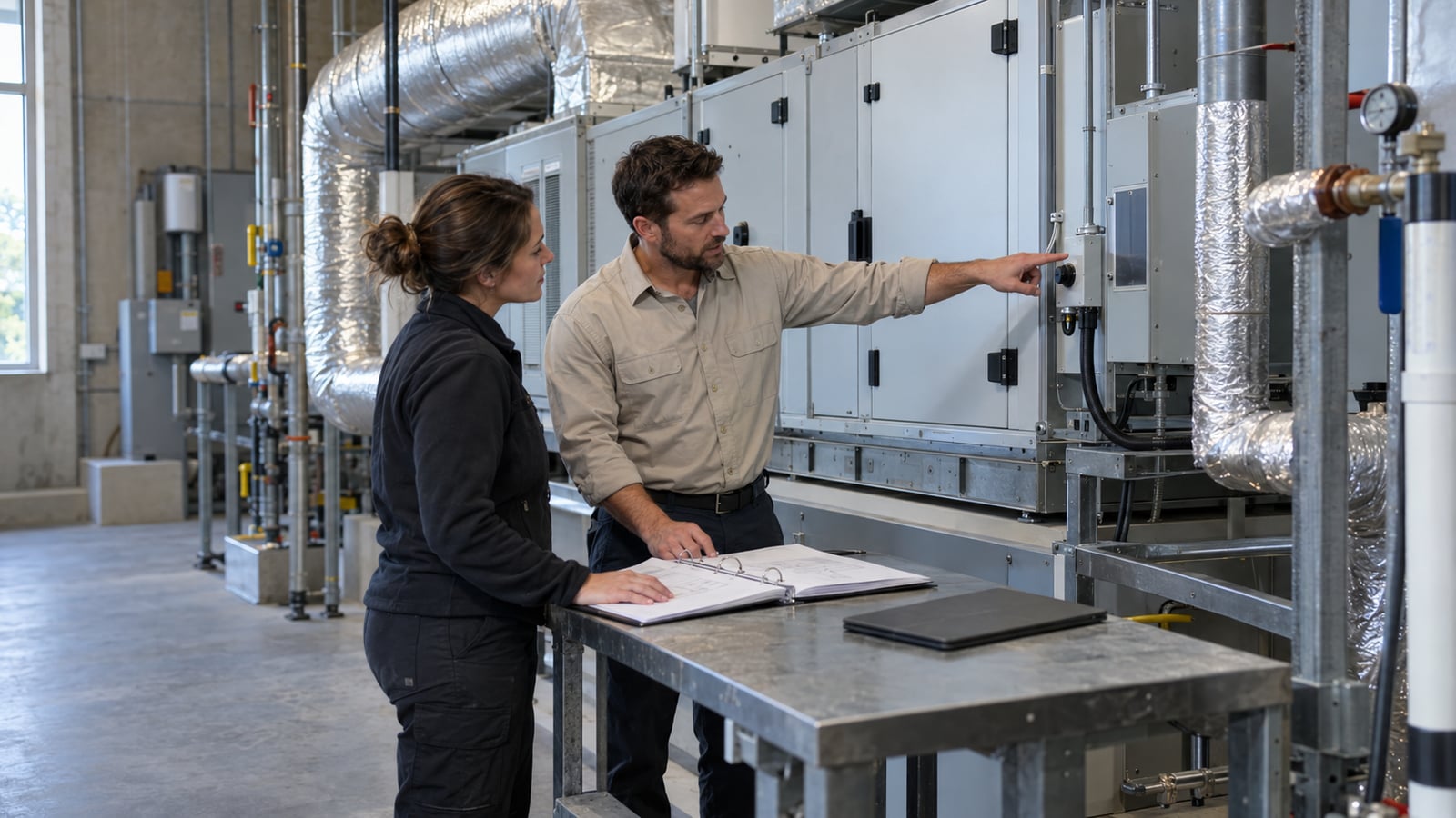 A contractor explains an equipment control to a facilities manager beside an organized handover binder.