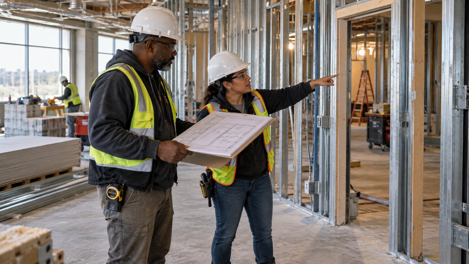A superintendent holds a drawing while a foreman points to a framed opening inside a building under construction.