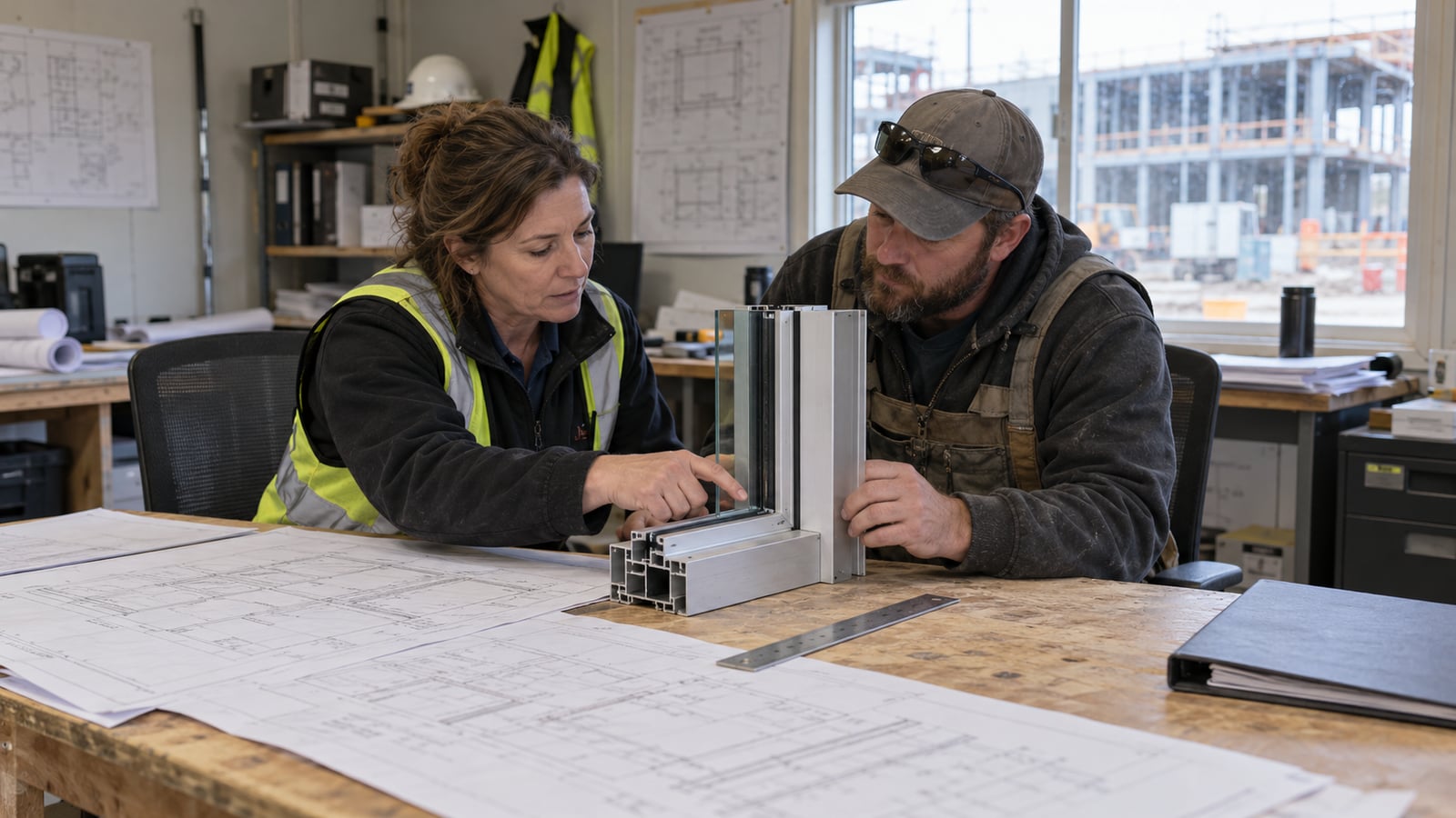Two construction professionals compare an aluminum frame sample with shop drawings in a site office.