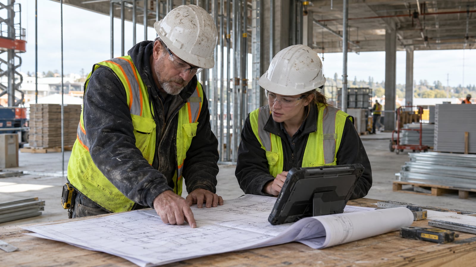 Two construction professionals review paper plans beside a tablet at a jobsite workbench.