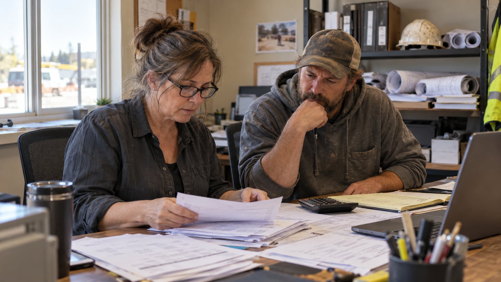 An office manager and contractor review invoices with a calculator and laptop in a construction office.